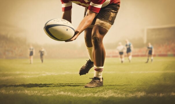 rugby player preparing to kick the oval ball during game, Generative AI