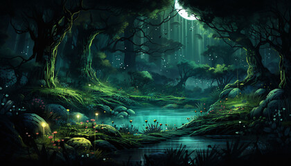 An Enchanting Night Time Forest Illustration, Where Moonlight and Shadows Create a Mystical World of Silent Beauty and Natural Splendor