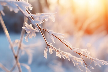 Branches of a shrub with yellow leaves covered frozen macro photography winter concept. Generative AI