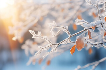 Branches of a shrub with yellow leaves covered frozen macro photography winter concept. Generative AI