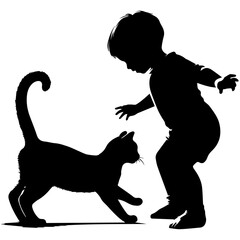 Child Play with cat vector silhouette illustration