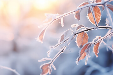 Branches of a shrub with yellow leaves covered frozen macro photography winter concept. Generative AI