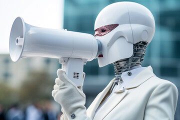 Humanoid robot with megaphone making announcement. - obrazy, fototapety, plakaty