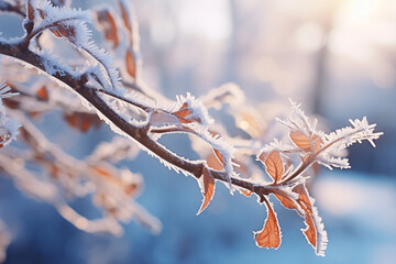 Branches of a shrub with yellow leaves covered frozen macro photography winter concept. Generative AI