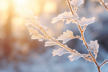 Branches of a shrub with yellow leaves covered frozen macro photography winter concept. Generative AI