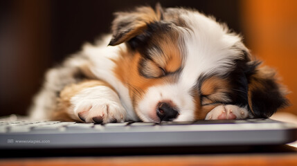 Cute Australian Shepherd Puppy lying on a computer keyboard and sleeping. 