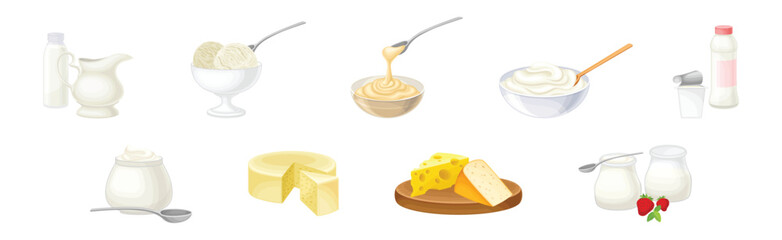 Different Dairy Food and Fresh Products Vector Set