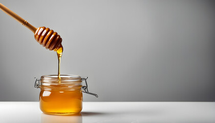 Honey jar with dipper and flowing honey on the black background - obrazy, fototapety, plakaty