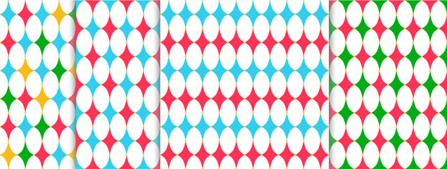 Set of carnival vector seamless check pattern with gold dots. Background of carnival clown and joker diamonds ornament. Blue, red, yellow color.  Fabric texture print