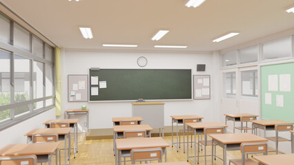 学校の教室／朝・昼間／3D・CG背景 - obrazy, fototapety, plakaty