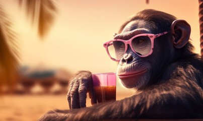 chimpanzee with sunglasses sitting on beach generative AI, Generative AI