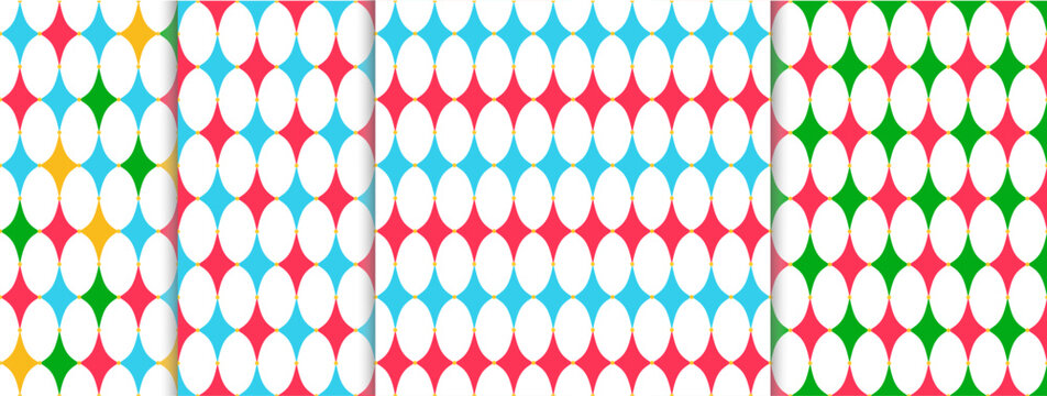 Set of carnival vector seamless check pattern with gold dots. Background of carnival clown and joker diamonds ornament. Blue, red, yellow color.  Fabric texture print