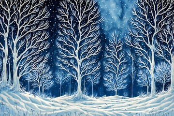 Winter night forest with moonlight and falling snow