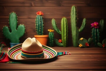 Cinco de Mayo holiday background with Mexican cactus and party sombrero hat on wooden table, Generative AI - obrazy, fototapety, plakaty