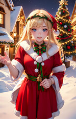 Obraz premium Beautiful girl in Santa Claus clothes over snowy background. Christmas.