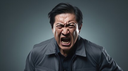 Fototapeta premium Unhappy expression angry, upset, frustrated, doubt face of Asian man on dark background, middle shot of middle-aged male shouting, yelling, extremely unhappy with wrinkles on face looking at camera