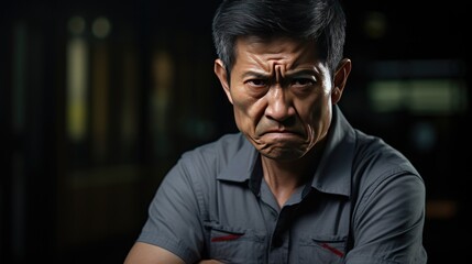 Unhappy expression angry, upset, frustrated, doubt face of Asian man on dark background, middle shot of middle-aged male shouting, yelling, extremely unhappy with wrinkles on face looking at camera - obrazy, fototapety, plakaty