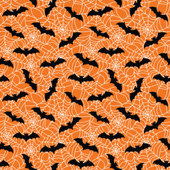 Seamless pattern of Halloween with web background and black bats, Halloween Orange Background