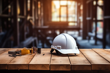 Architectural blueprint and helmet on the table at the construction site - obrazy, fototapety, plakaty