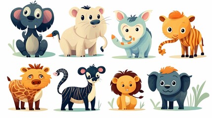 Happy cartoon animals characters isolated. Africa. Amazon. Forest