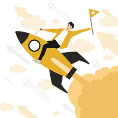 Flat Vector start up rocket take off businessman success in business and career