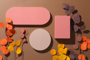Colorful scene with leaves in various colors and few podiums with vacant space. Modern abstract background patterns in retro style for advertising