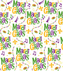 Seamless Pattern of Mardi Gras with Fleur de lis and Beads- Mardi Gras Background Vector Illustration
