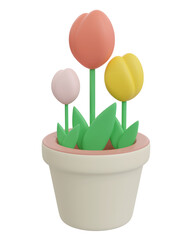 3d rendering a tulip plant with flowers of various colors is planted in a flowerpot transparent
