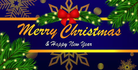 Christmas and New Year Banner Design with String Lights, Christmas Tree Leaves and Snowflakes 