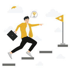 Flat vector businessman running to reach flag business success go to goal