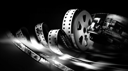 Creative Retro Mono Chromatic Movie Film Background with film strips spools and reels - obrazy, fototapety, plakaty
