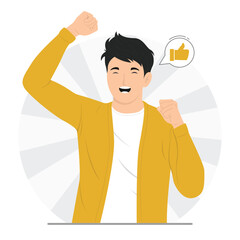 Flat vector man jumped and smiled looking very happy joy and having fun