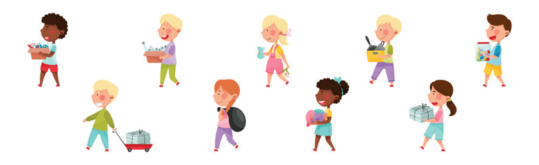 Little Kids Recycling and Sorting Garbage and Waste Vector Set