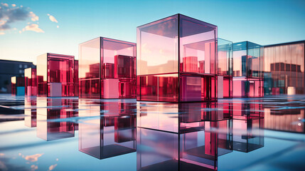 Modern Abstract Urban Reflections with Glass Cubes in Hues of Sunset Elegance and Tranquility