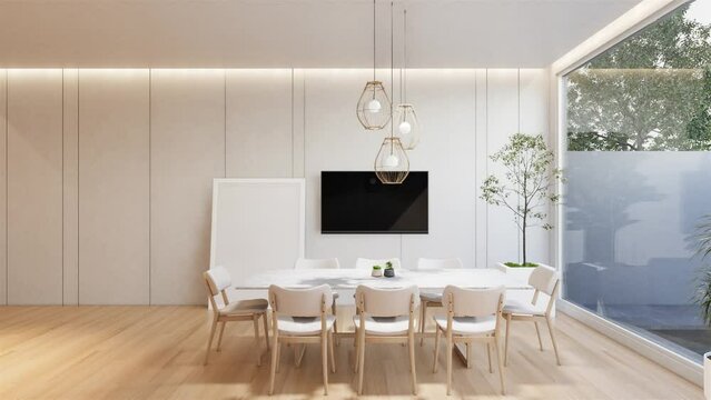 Animation minimal interior of the dinning room with a white base tone. 3D illustration render