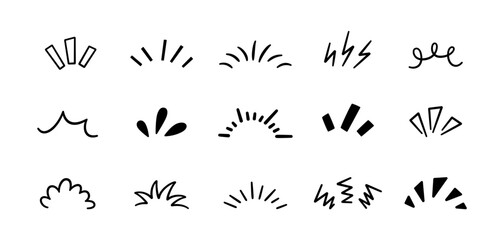 Doodle manga comic expression elements. Hand drawn shine sunburst ray. Doodle cartoon sparkle signs. Emotion effect design element. Sketch burst icon. Vector illustration isolated on white background.
