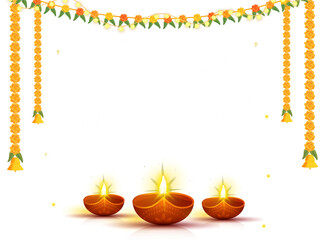 Happy Diwali Celebration Concept, Illuminated Oil Lamps with Lighting, Traditional Floral Garland (Toran) Decorated in Background and Copy Space.