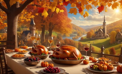 Rich food, warm tones, Happy Thanksgiving! - obrazy, fototapety, plakaty