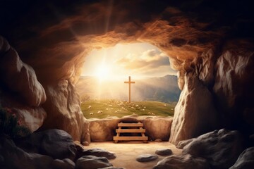 empty tomb of Jesus Christ at sunrise resurrection, Generative AI - obrazy, fototapety, plakaty
