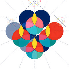 Colorful Creative Lit Oil Lamps (Diya) in Geometric Circles Shape, Diwali Festival Concept.