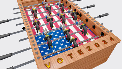 Illustration for US presidential election 2024. Election day. Vote 2024. Elephants and donkeys in the hand football.