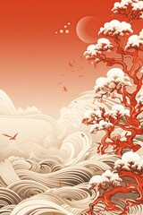 Ukiyo-e Christmas landscape: A red tree covered in snow and a red sky for festive card