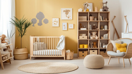 an toddler's room is decorated with wicker baskets and bookshelf