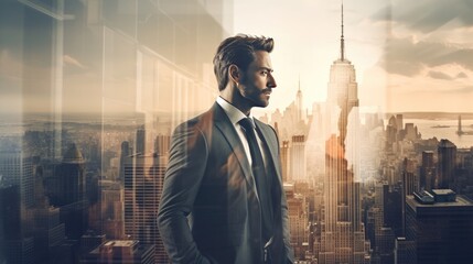 Young Hispanic man entrepreneurship in professional looking standing in front of big city with double exposure technique photograph, businessman in luxury suit looking to the future on business goal - obrazy, fototapety, plakaty
