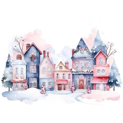 Watercolor Winter Happy Christmas Village Pink Tone