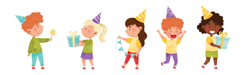 Kid Characters at Birthday Party in Cone Hat with Gift Box Celebrating Holiday Vector Set