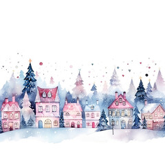Watercolor Winter Happy Christmas Village Pink Tone