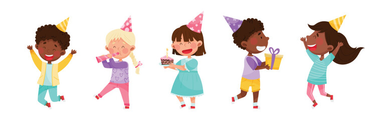 Kid Characters at Birthday Party in Cone Hat with Gift Box Celebrating Holiday Vector Set