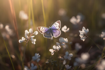 Background of a flying butterfly over a flower. 