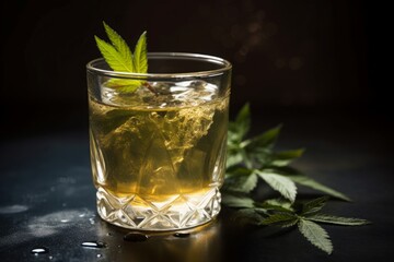 Cannabis drink glass. Plant drug glass green liquid tea. Generate Ai